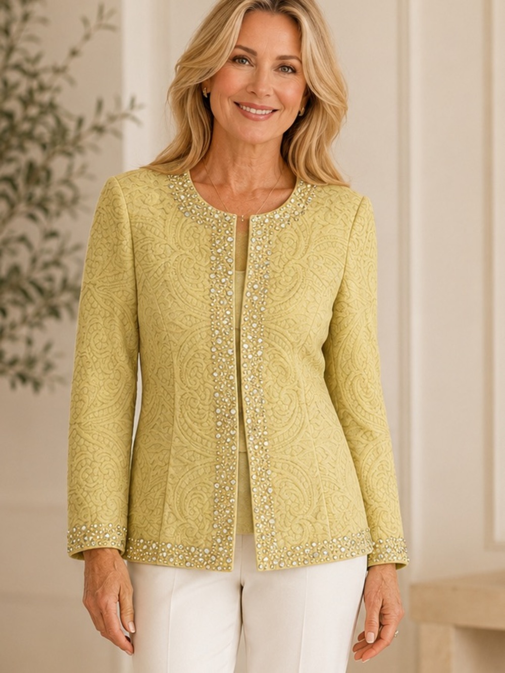 St. John Collection Gold Rhinestones Metallic Knit Jacket Soft Chartreuse Size 2